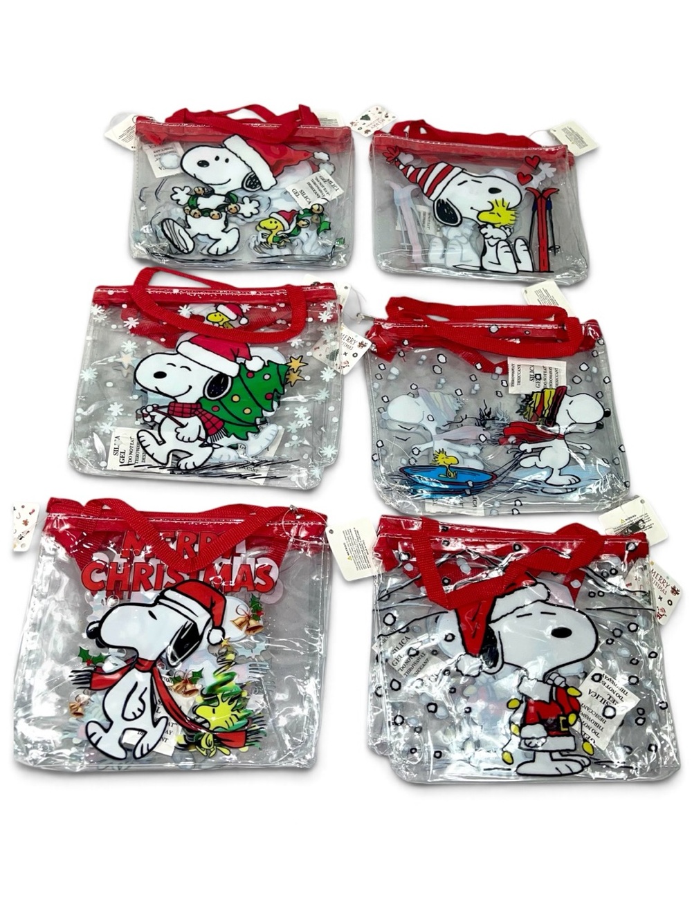 Peanuts Snoopy Clear Holiday Tote Bag with Red Handles - Set of 12